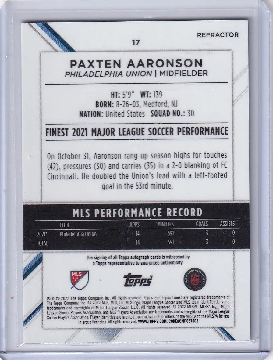 Soccer trading card of Paxten Aaronson with Topps Finest Auto Refractor details