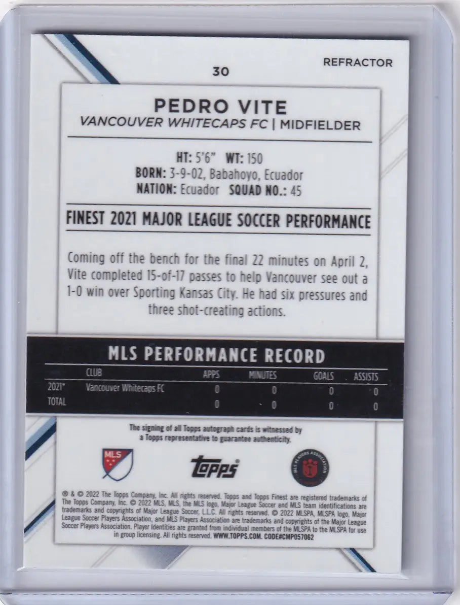 Trading card of Auto Refractor Pedro Vite from Topps Finest Auto Vancouver Whitecaps FC