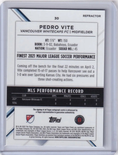 Trading card of Auto Refractor Pedro Vite from Topps Finest Auto Vancouver Whitecaps FC