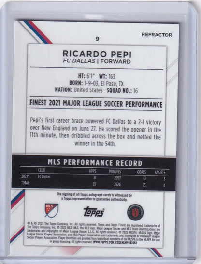 Soccer trading card of Ricardo Pepi’s MLS stats in 2022 Topps Finest Auto Refractor