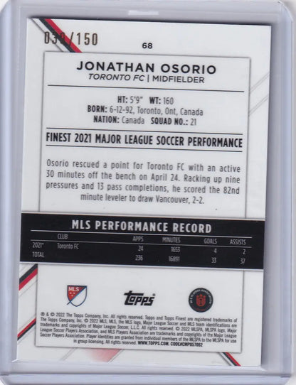 Limited edition Topps Finest Blue Jonathan Osorio trading card 39/150 Toronto FC