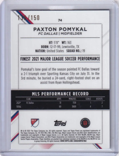 Topps Finest Blue soccer trading card 74/150 featuring Paxton Pomykal, FC Dallas