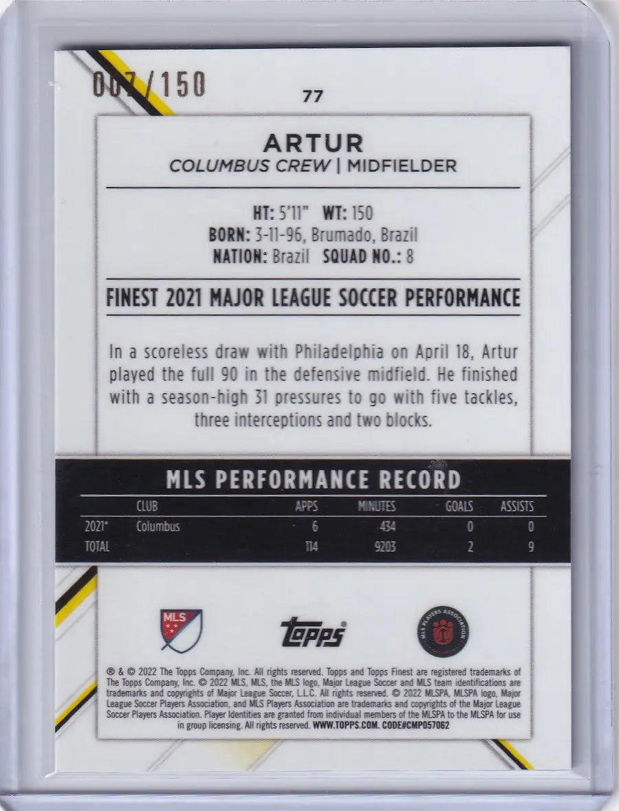 Soccer trading card of Columbus Crew midfielder Artur, Topps Finest Blue 077/150