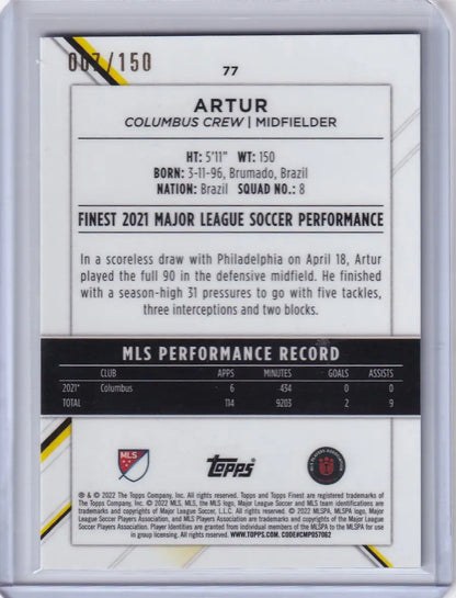 Soccer trading card of Columbus Crew midfielder Artur, Topps Finest Blue 077/150