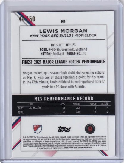 Soccer trading card featuring Topps Finest Gold Lewis Morgan New York Red Bulls stats