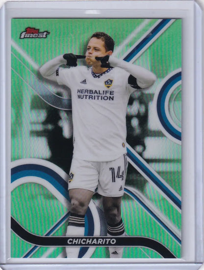 Soccer trading card of Chicharito in LA Galaxy Herbalife Nutrition jersey, Topps Finest Lime Green