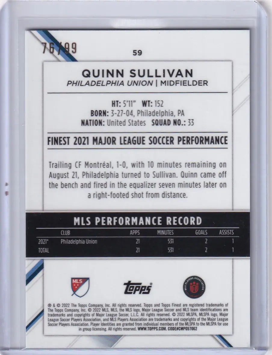 Soccer trading card featuring Topps Finest Lime Green Quinn Sullivan statistics and info