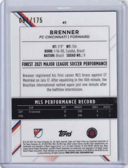 Soccer trading card of Brenner with MLS stats from 2022 Topps Finest Mini Diamond