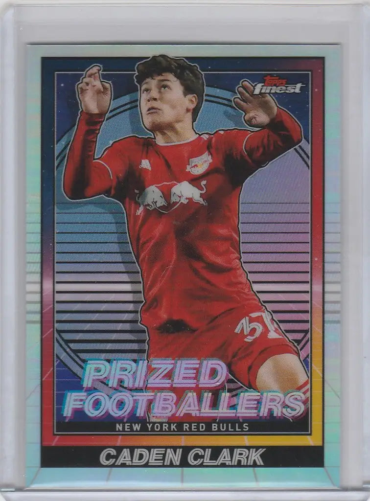 Trading card of PF18 Caden Clark in red uniform for Topps Finest MLS New York Red Bulls