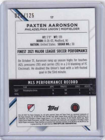 Soccer trading card of Paxten Aaronson’s MLS stats from Topps Finest Pink