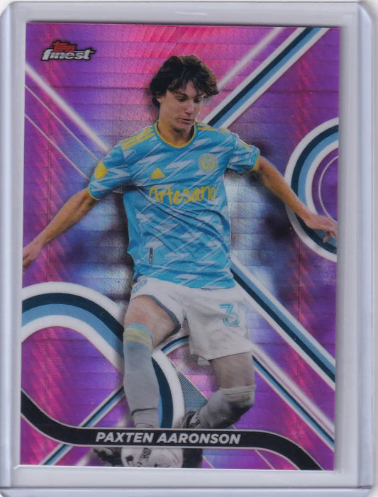 Topps Finest Pink trading card featuring Paxten Aaronson in a light blue uniform