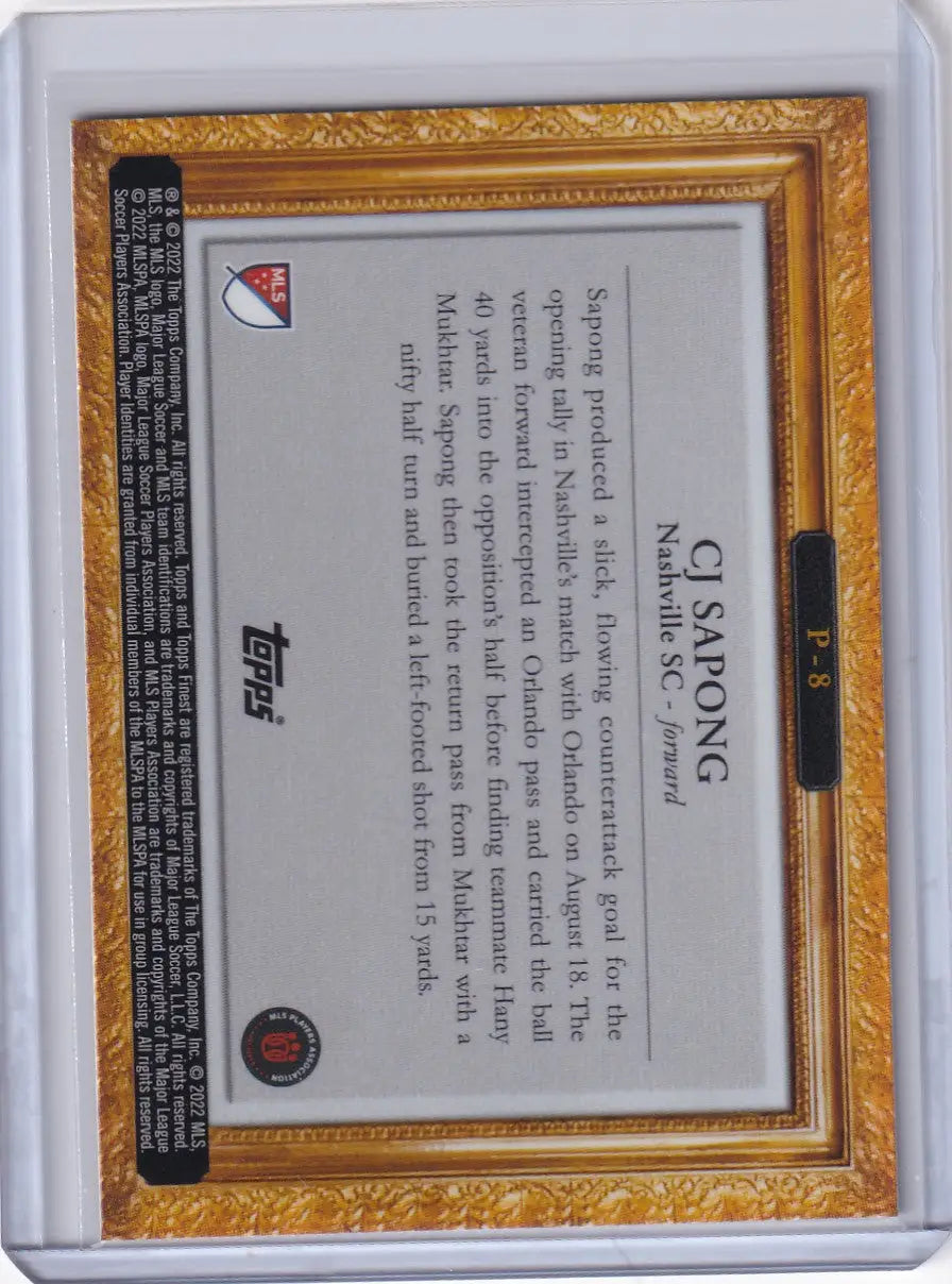 Trading card of CJ Sapong from Topps Finest Pitchuresque with gold border on gray background