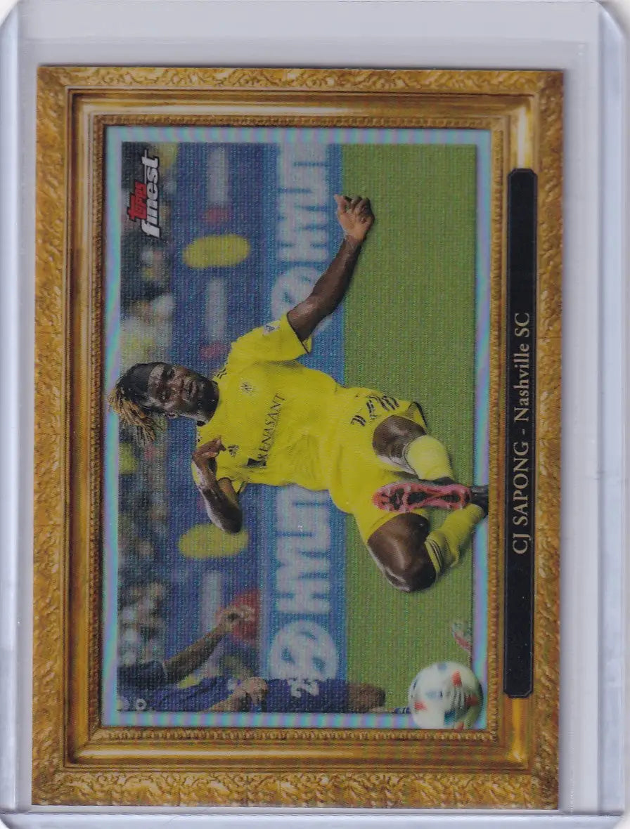 Trading card of CJ Sapong in yellow jersey from Topps Finest Pitchuresque collection