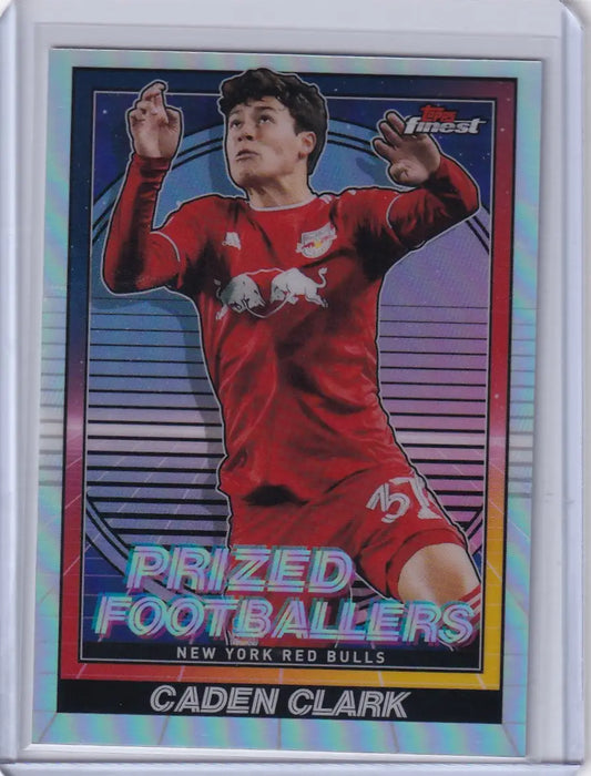 Soccer trading card of Caden Clark in red jersey from Topps Finest Prized Footballers