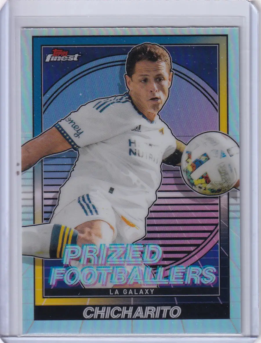 LA Galaxy soccer player controlling the ball on 2022 Topps Finest Prized Footballers card