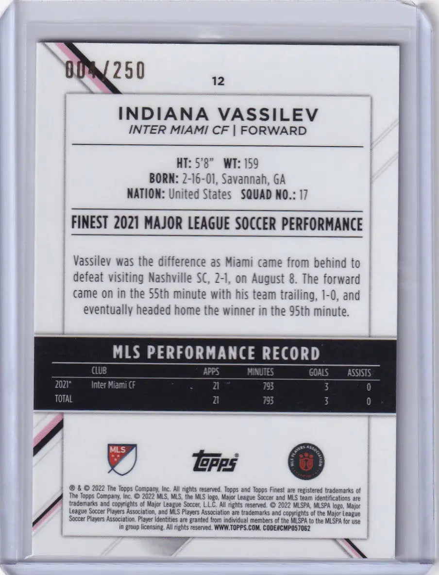 Trading card of Indiana Vassilev from Inter Miami CF, Topps Finest Purple #12