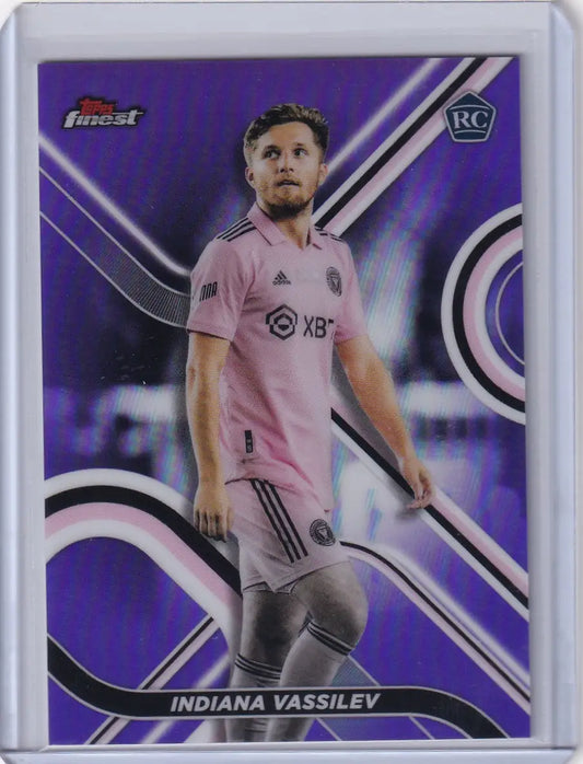 Purple-tinted Topps Finest Purple soccer trading card of Indiana Vassilev in pink jersey