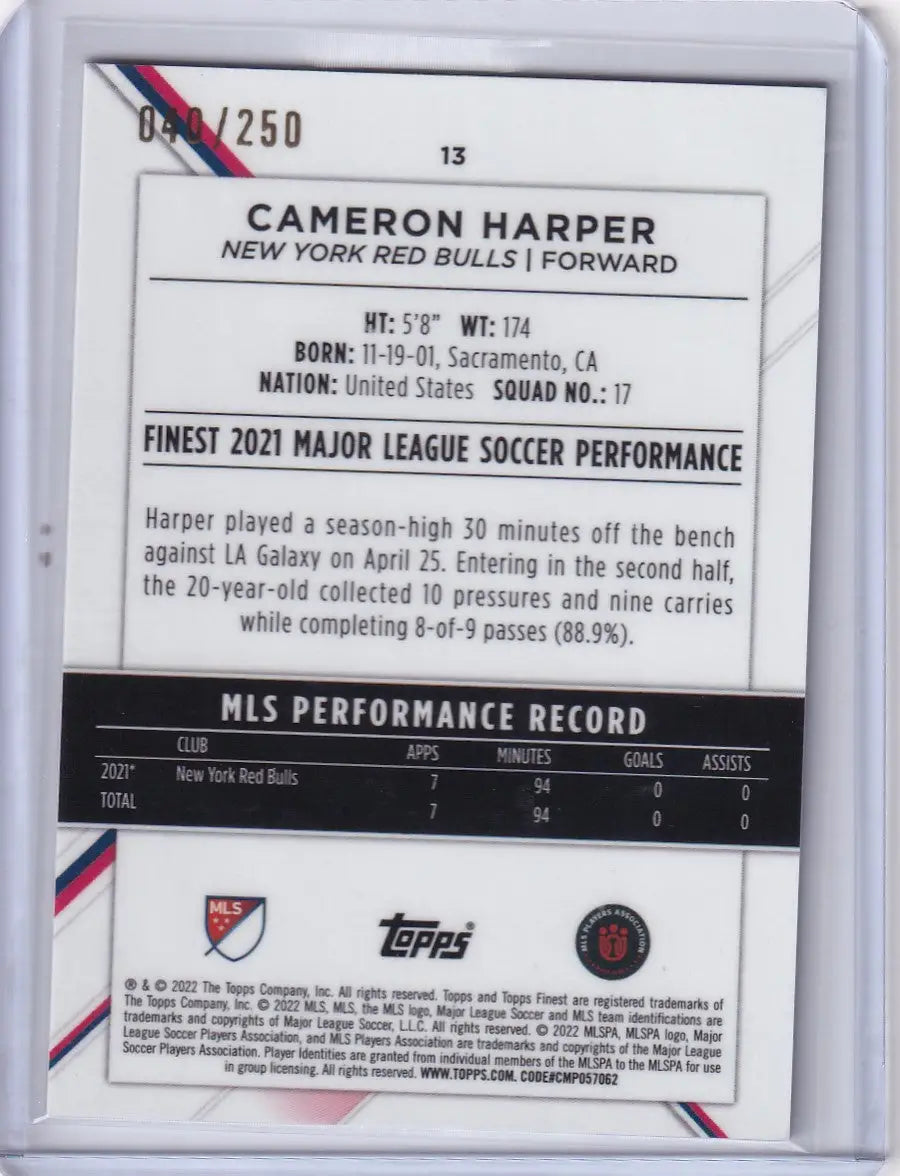 Soccer trading card of Cameron Harper, Topps Finest Purple, New York Red Bulls stats