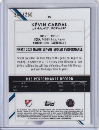 Soccer trading card of LA Galaxy’s Kévin Cabral from Topps Finest Purple 245/250