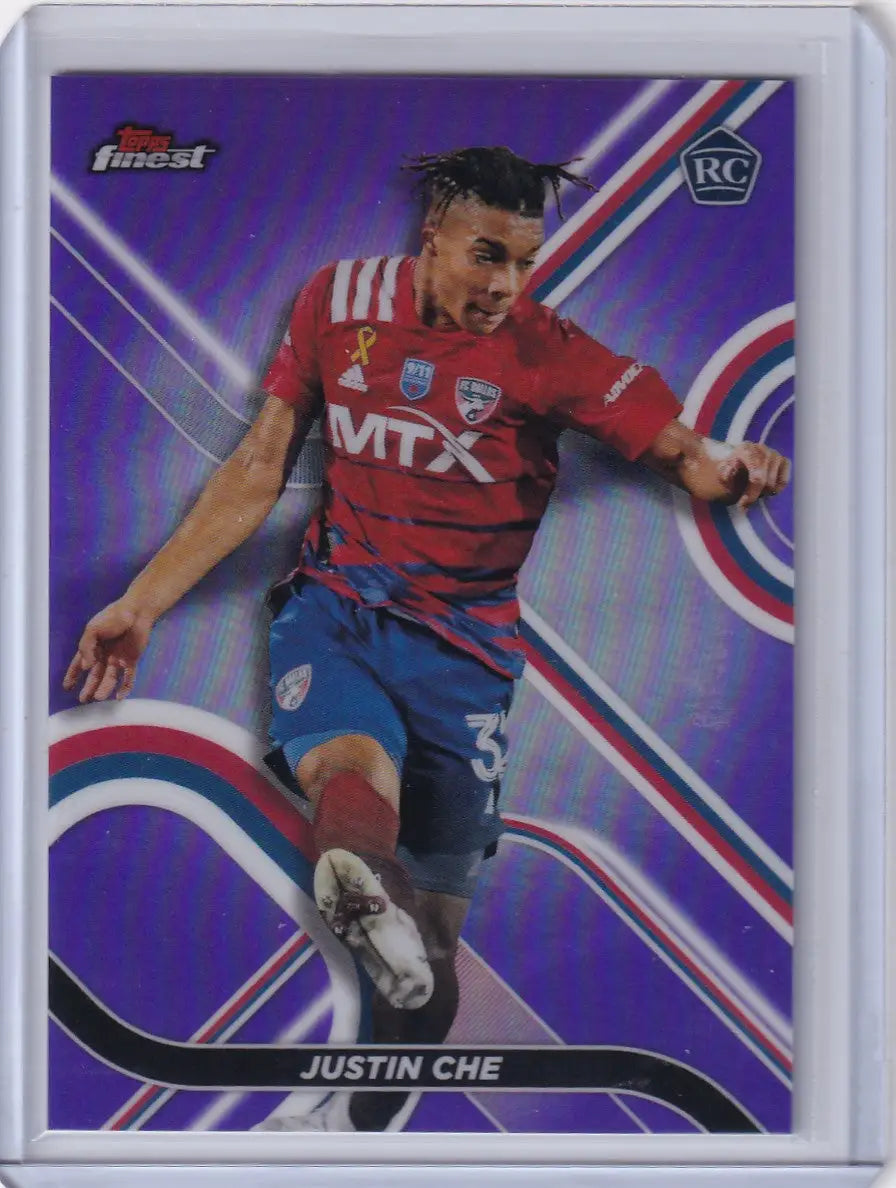 Purple-tinted Topps Finest Purple soccer trading card of Justin Che in FC Dallas jersey