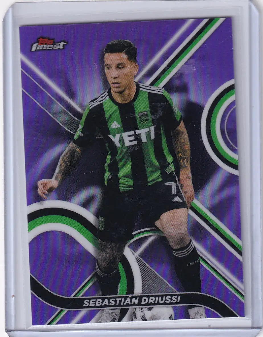 Purple and green Topps Finest Purple card of Sebastián Driussi in Austin FC jersey