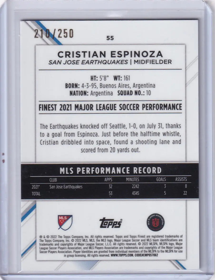 Soccer trading card of Cristian Espinoza, Topps Finest Purple, San Jose Earthquakes 219/250