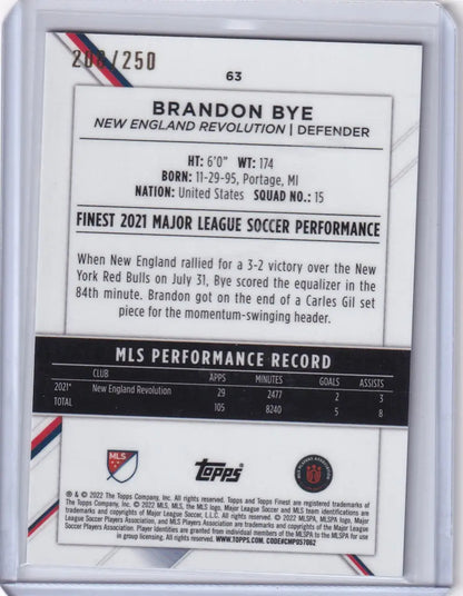 Soccer trading card of Brandon Bye featuring Topps Finest Purple stats and highlights