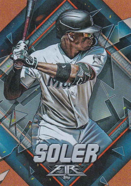 Jorge Soler swinging a bat in white uniform, featured in Miami Marlins trading card