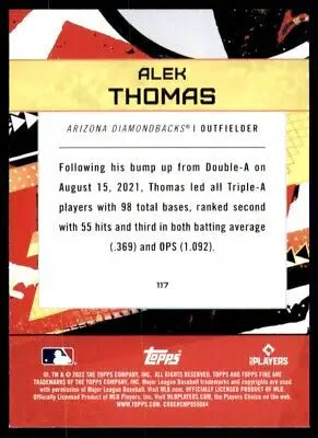 Back of 2022 Topps Fire Alek Thomas Rookie Arizona Diamondbacks Card #117