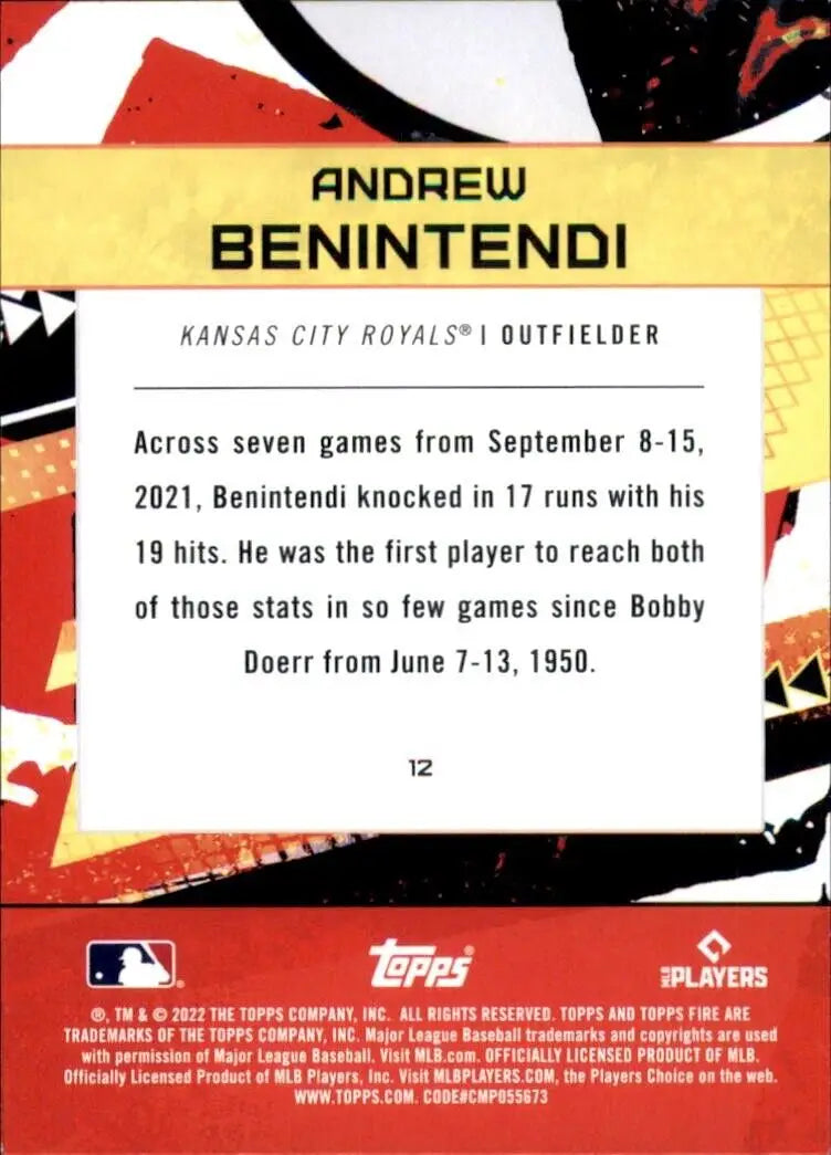 Baseball card back of 2022 Topps Fire Andrew Benintendi Kansas City Royals MLB #12