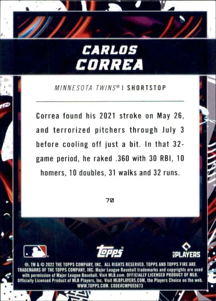 Baseball card back of 2022 Topps Fire Carlos Correa Minnesota Twins MLB #70