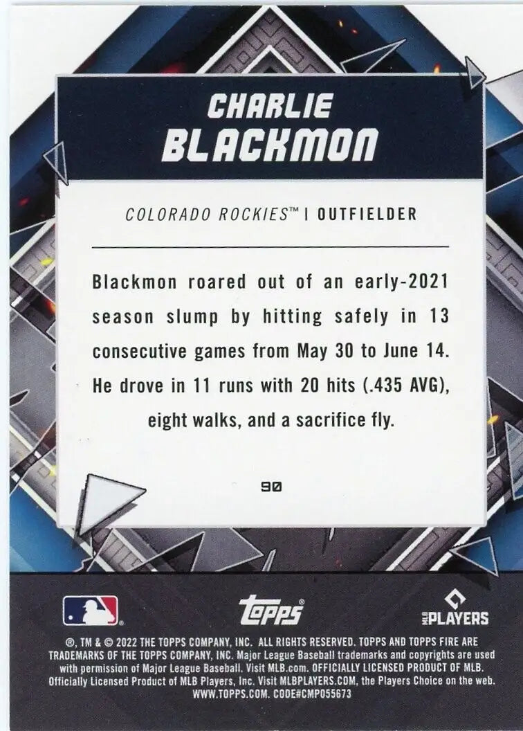 Charlie Blackmon baseball card from 2022 Topps Fire Colorado Rockies MLB collection