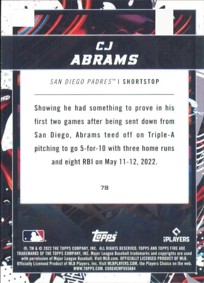 CJ Abrams Baseball Card from 2022 Topps Fire for San Diego Padres MLB collectors