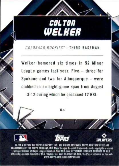 Baseball card back of 2022 Topps Fire Colton Welker Rookie Colorado Rockies MLB #84