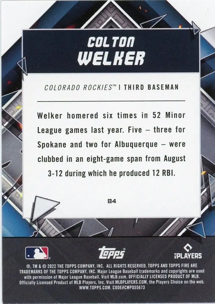 Back of 2022 Topps Fire Colton Welker Rookie Flame Colorado Rockies baseball card