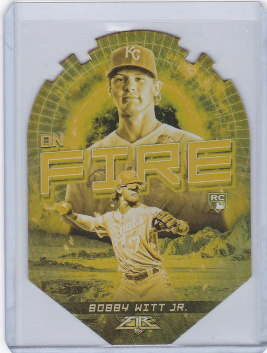 Baseball card of Bobby Witt Jr Gold insert die cut with Kansas City Royals design