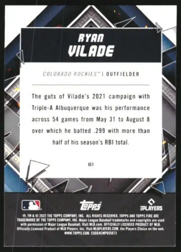 Back of 2022 Topps Fire Gold Minted Ryan Vilade Rookie Baseball Card for Colorado Rockies