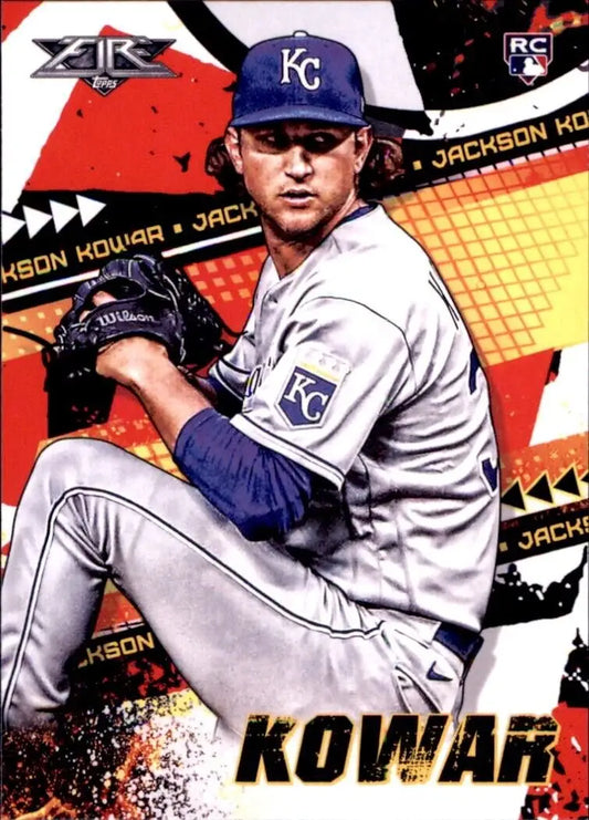 Baseball card of Jackson Kowar rookie for Kansas City Royals MLB #20 Topps Fire