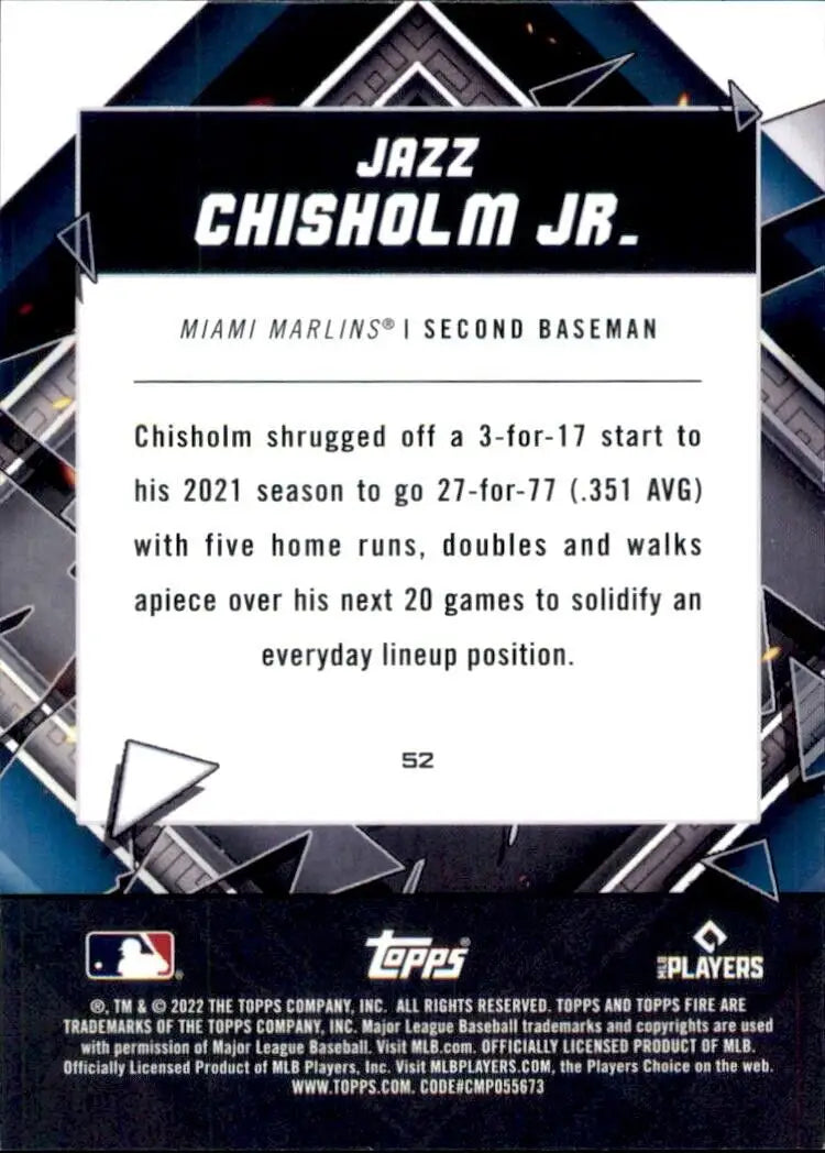 Back of 2022 Topps Fire Jazz Chisholm Jr. Miami Marlins MLB Baseball card #52