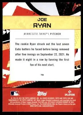 Baseball card back of 2022 Topps Fire Joe Ryan Rookie Minnesota Twins #78