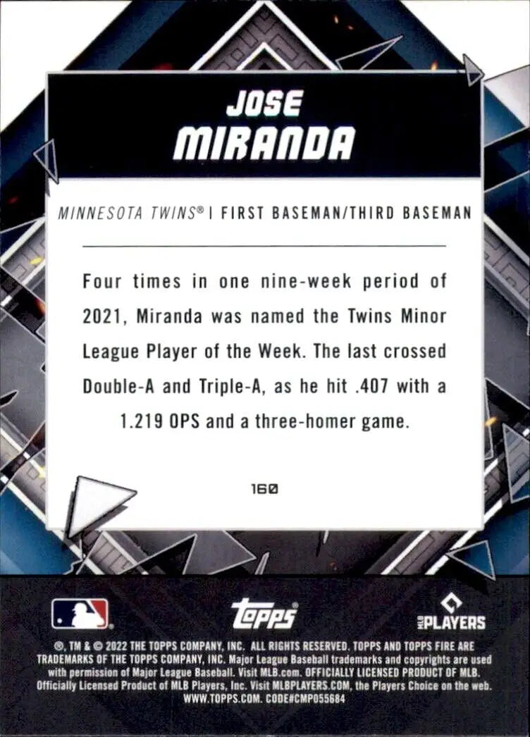 Baseball card back of 2022 Topps Fire Jose Miranda Rookie Minnesota Twins #160