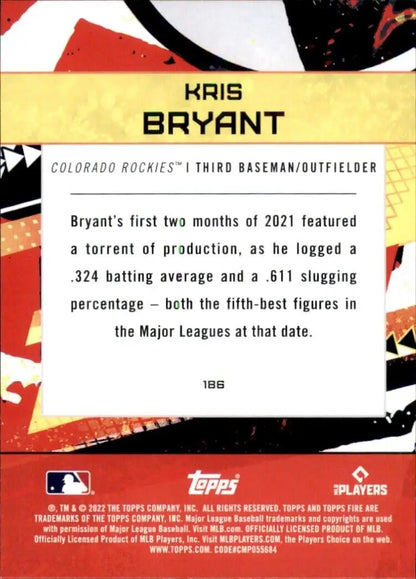 Kris Bryant Colorado baseball card from 2022 Topps Fire #186 with Rockies logo