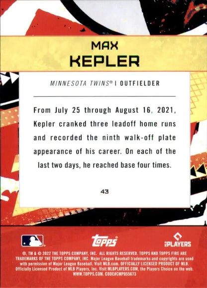 Max Kepler Minnesota Twins MLB baseball card from 2022 Topps Fire #43