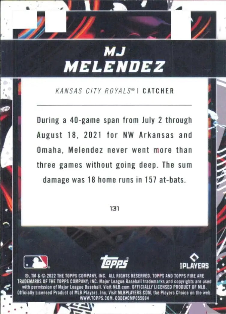 Back of 2022 Topps Fire MJ Melendez Rookie Kansas City Royals MLB Baseball card #131