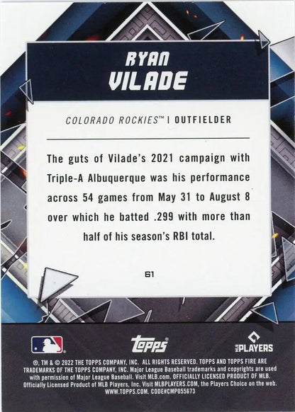 Back of 2022 Topps Fire Ryan Vilade Rookie Flame Colorado Rockies MLB Baseball card