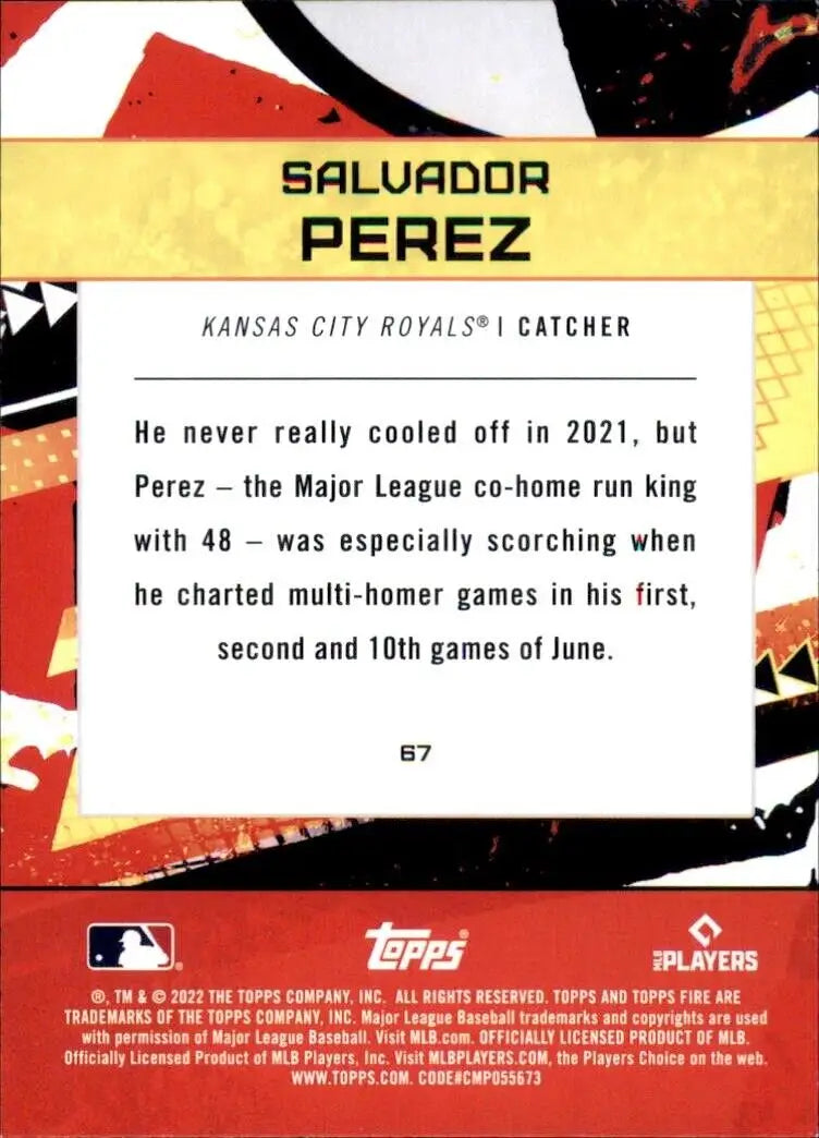 Salvador Perez baseball card from 2022 Topps Fire Kansas City Royals MLB collection