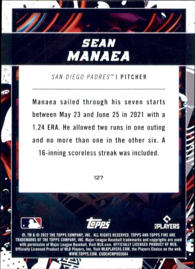 Sean Manaea baseball card from 2022 Topps Fire for San Diego Padres MLB collectors