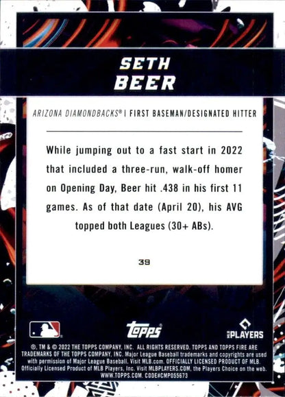 Back of 2022 Topps Fire Seth Beer Rookie Arizona Diamondbacks MLB Baseball card