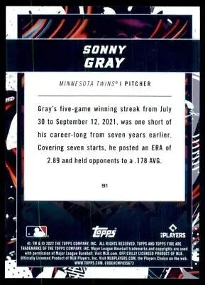 Sonny Gray 2022 Topps Fire Minnesota Twins #91 baseball card back with text-align center design