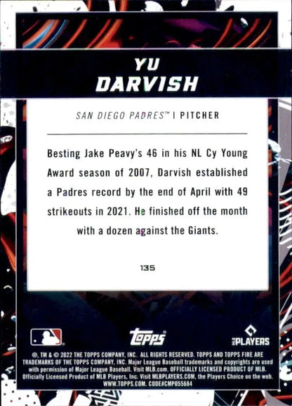 Yu Darvish baseball card back from 2022 Topps Fire, featuring San Diego Padres MLB info